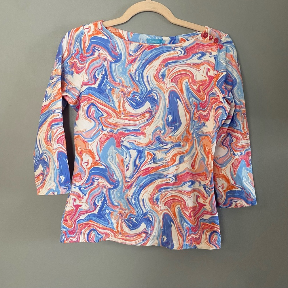 J. McLaughlin Blue and Orange Swirl Long Sleeve Top Catalina cloth